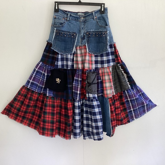 Boho tiered plaid flannel patchwork attached to Levi jean upcycled maxi skirt M - Picture 8 of 14